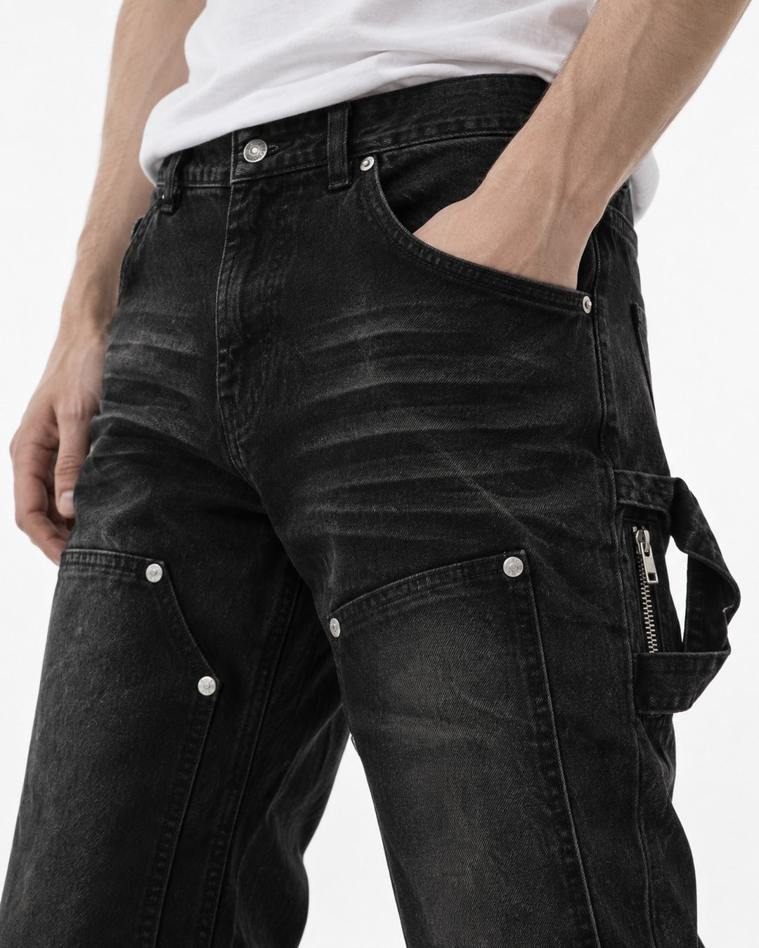 Washed Denim Pants with Pocket Studs