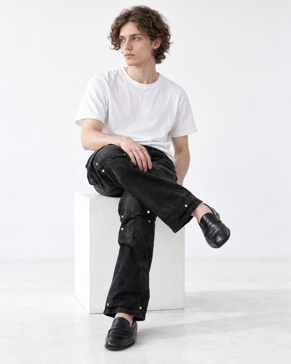 Washed Denim Pants with Pocket Studs