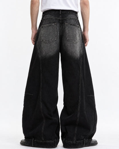 Ribbed-Panel Wide-Leg Jeans
