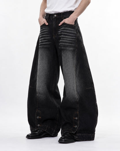 Ribbed-Panel Wide-Leg Jeans