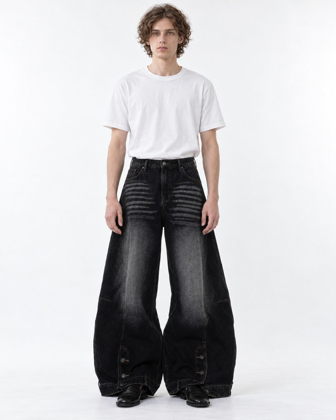 Ribbed-Panel Wide-Leg Jeans