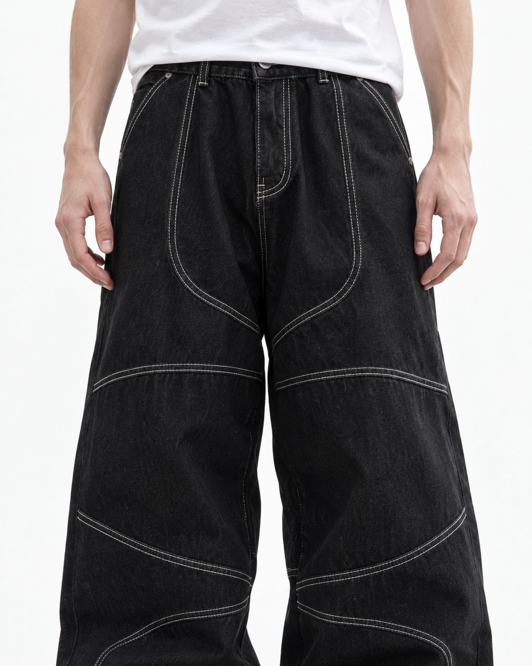 Wide-Leg Jeans with White Contrast Stitching