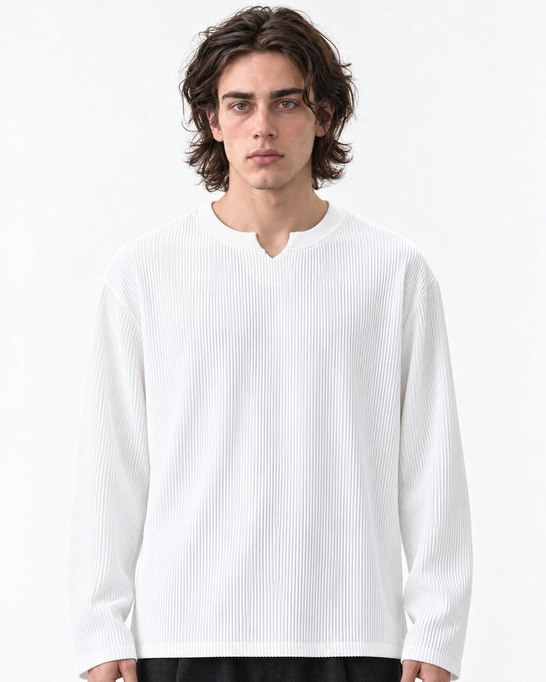 Vertical-Rib Notch-Neck Drop-Shoulder Top