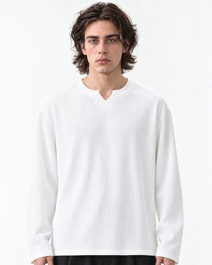 Vertical-Rib Notch-Neck Drop-Shoulder Top