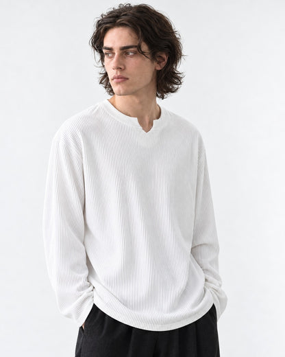 Vertical-Rib Notch-Neck Drop-Shoulder Top
