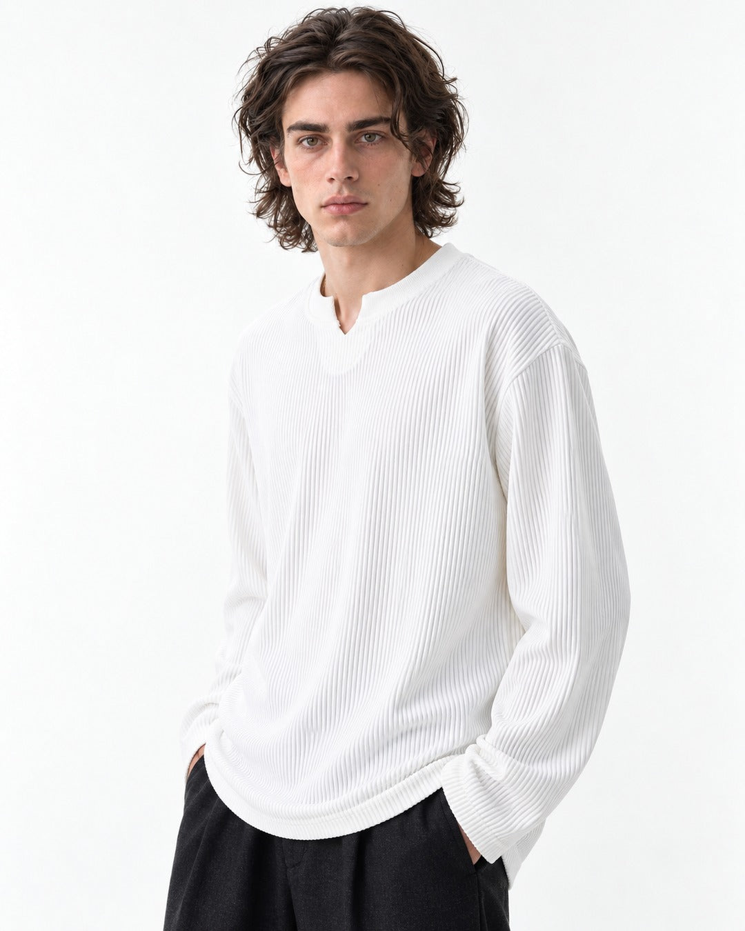 Vertical-Rib Notch-Neck Drop-Shoulder Top