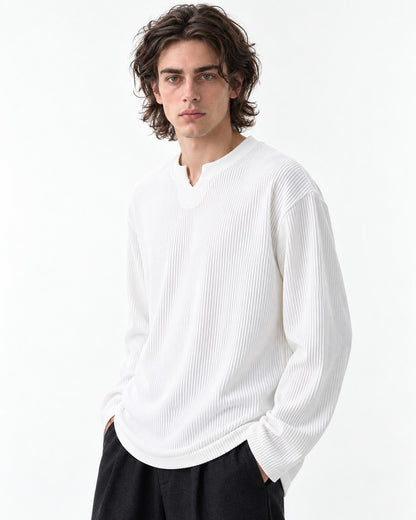 Vertical-Rib Notch-Neck Drop-Shoulder Top
