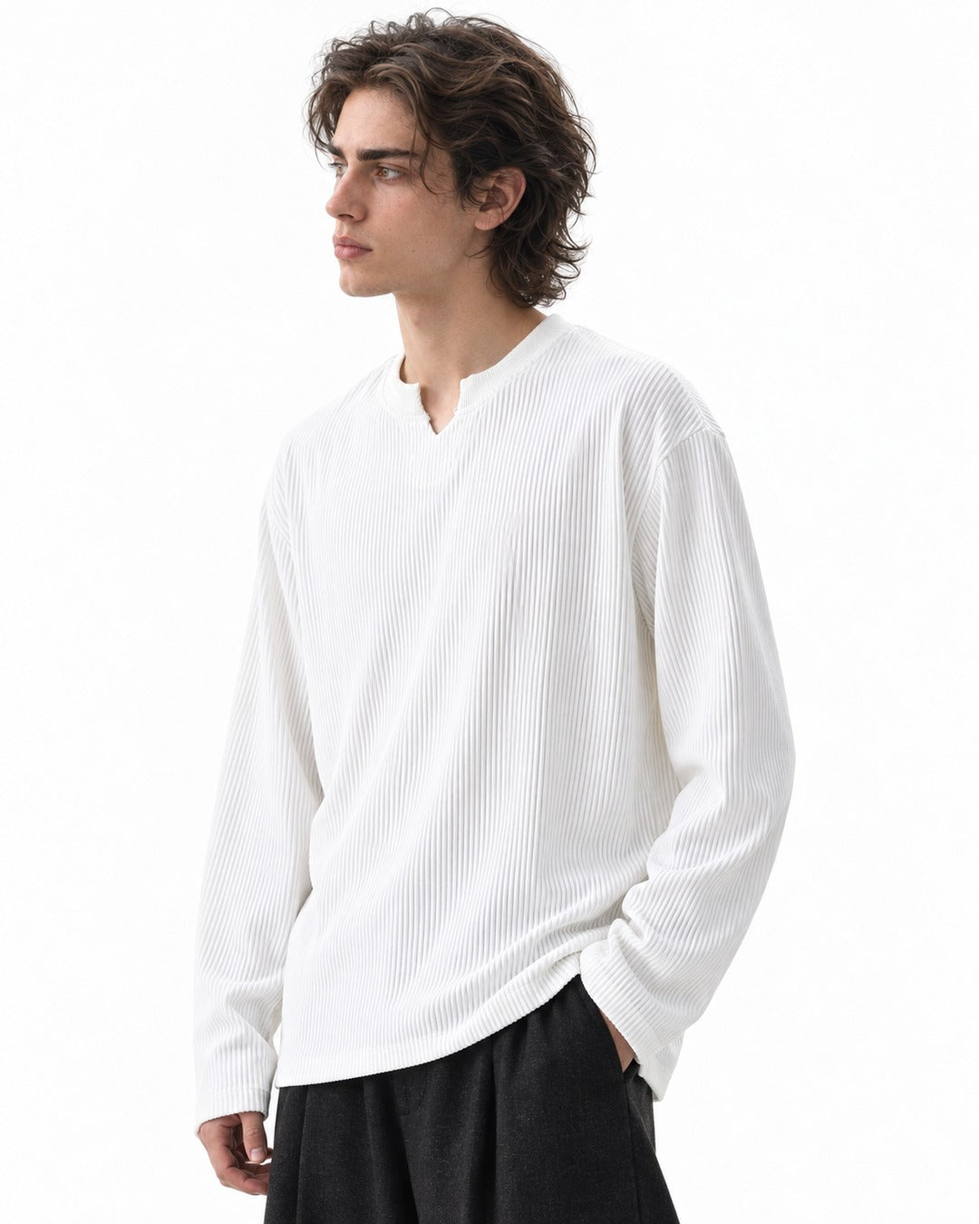 Vertical-Rib Notch-Neck Drop-Shoulder Top