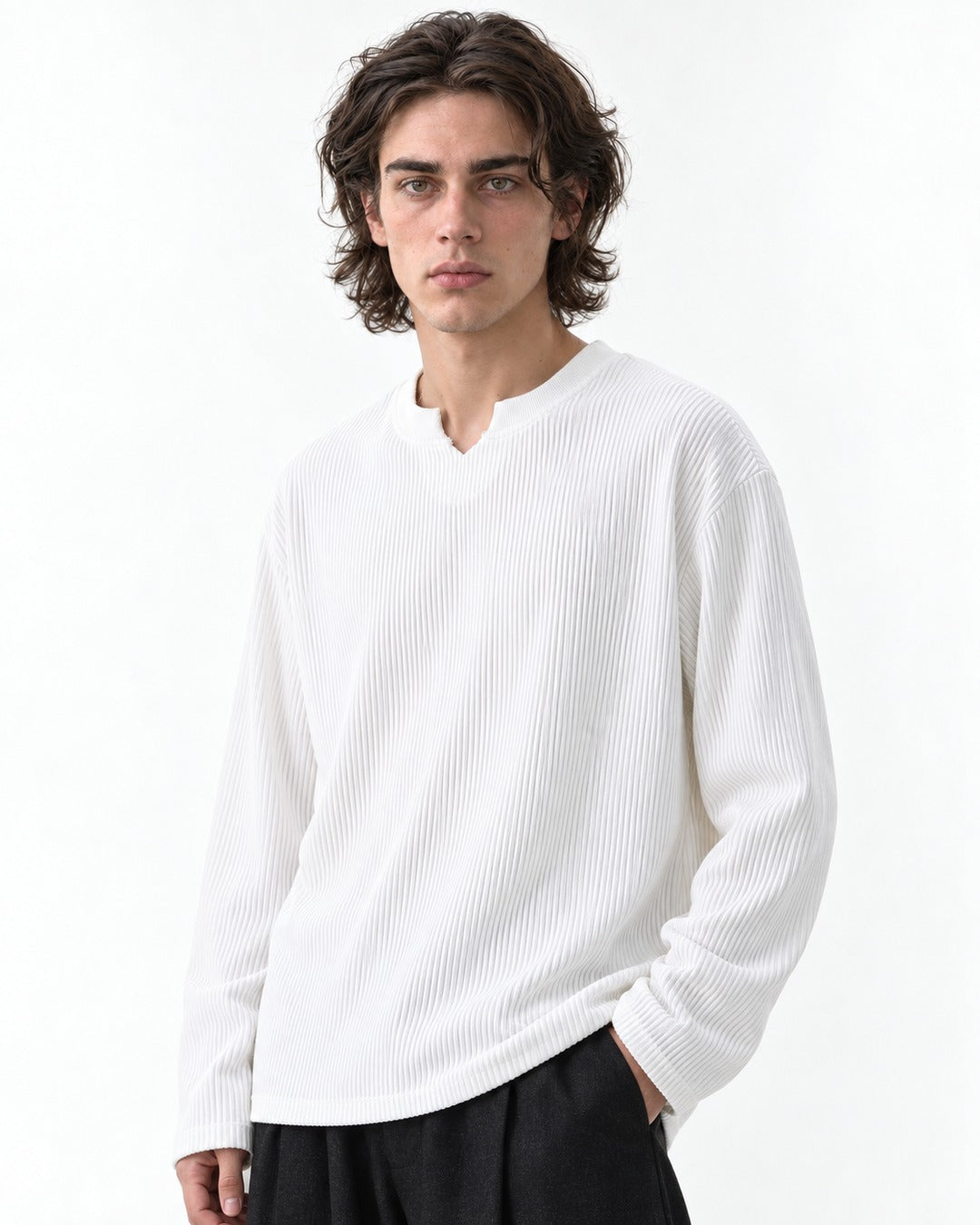 Vertical-Rib Notch-Neck Drop-Shoulder Top
