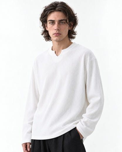 Vertical-Rib Notch-Neck Drop-Shoulder Top