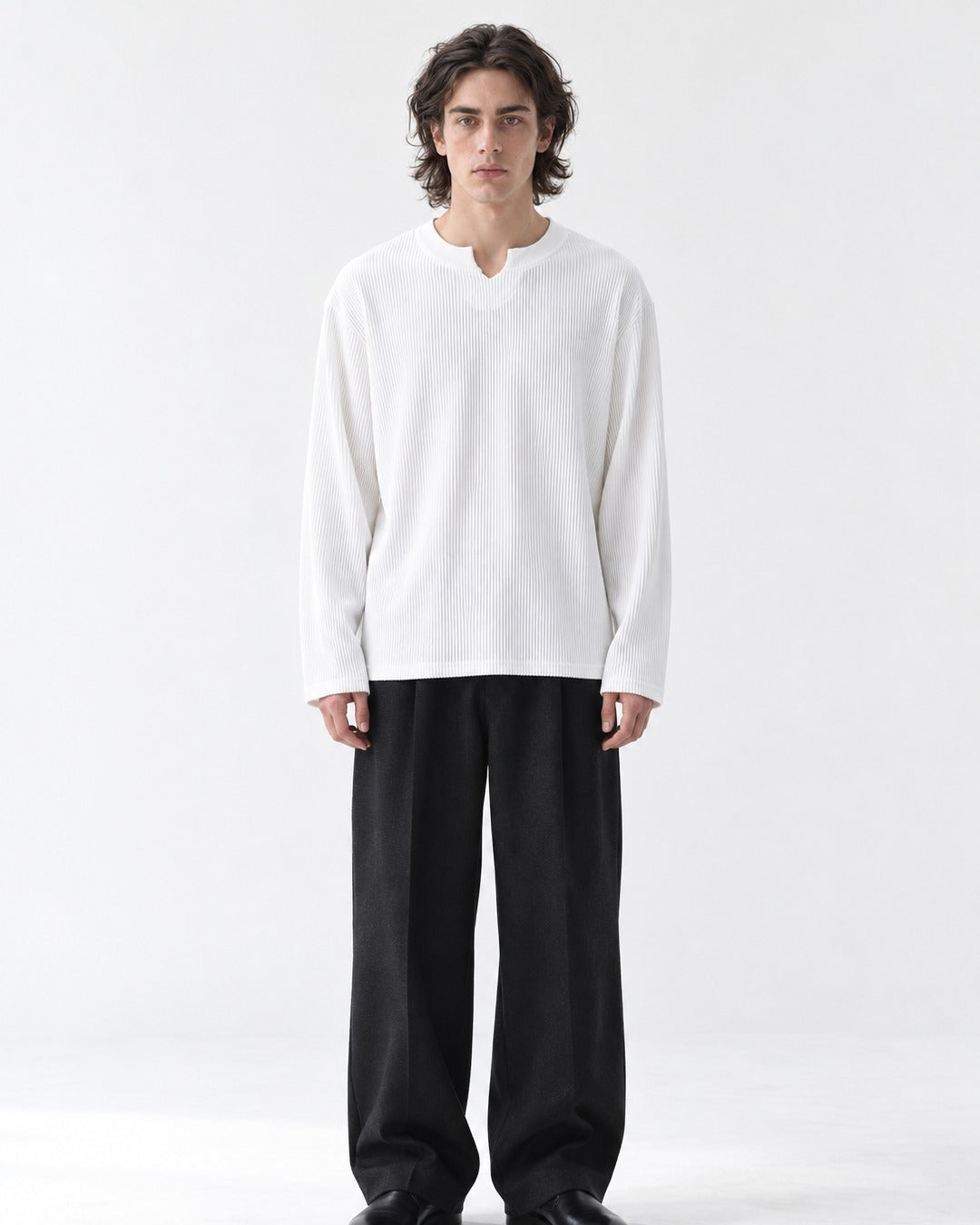 Vertical-Rib Notch-Neck Drop-Shoulder Top