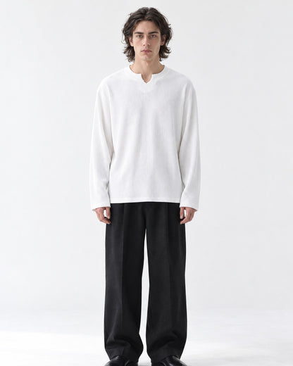 Vertical-Rib Notch-Neck Drop-Shoulder Top