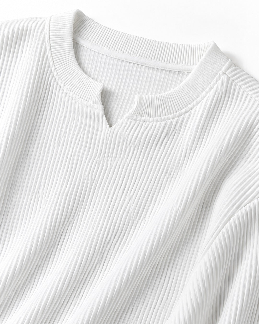 Vertical-Rib Notch-Neck Drop-Shoulder Top