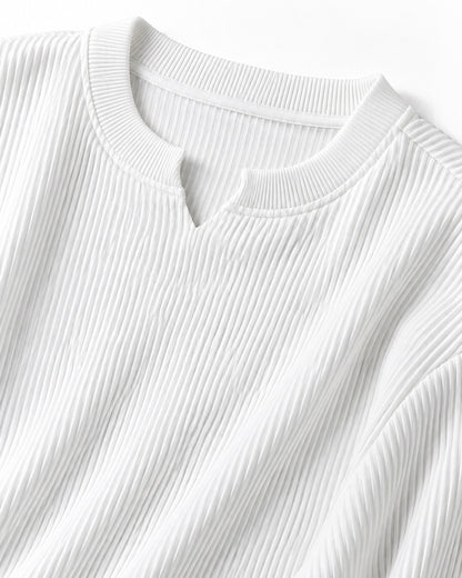 Vertical-Rib Notch-Neck Drop-Shoulder Top
