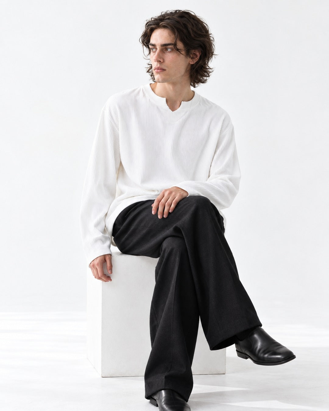 Vertical-Rib Notch-Neck Drop-Shoulder Top