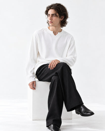 Vertical-Rib Notch-Neck Drop-Shoulder Top