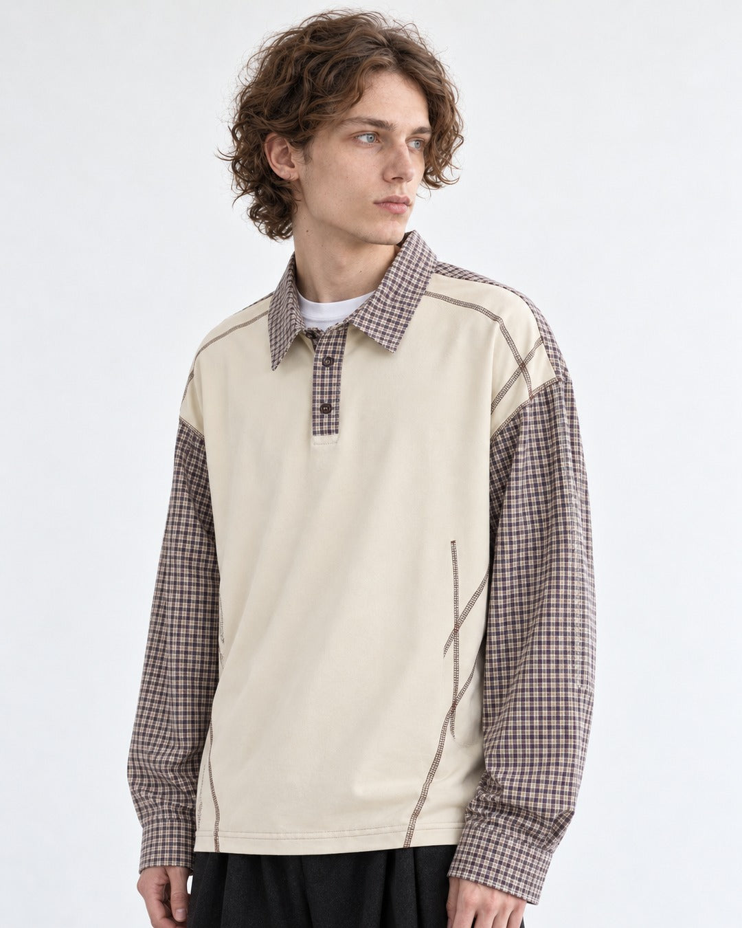Plaid-Panel Layered-Look Polo Shirt