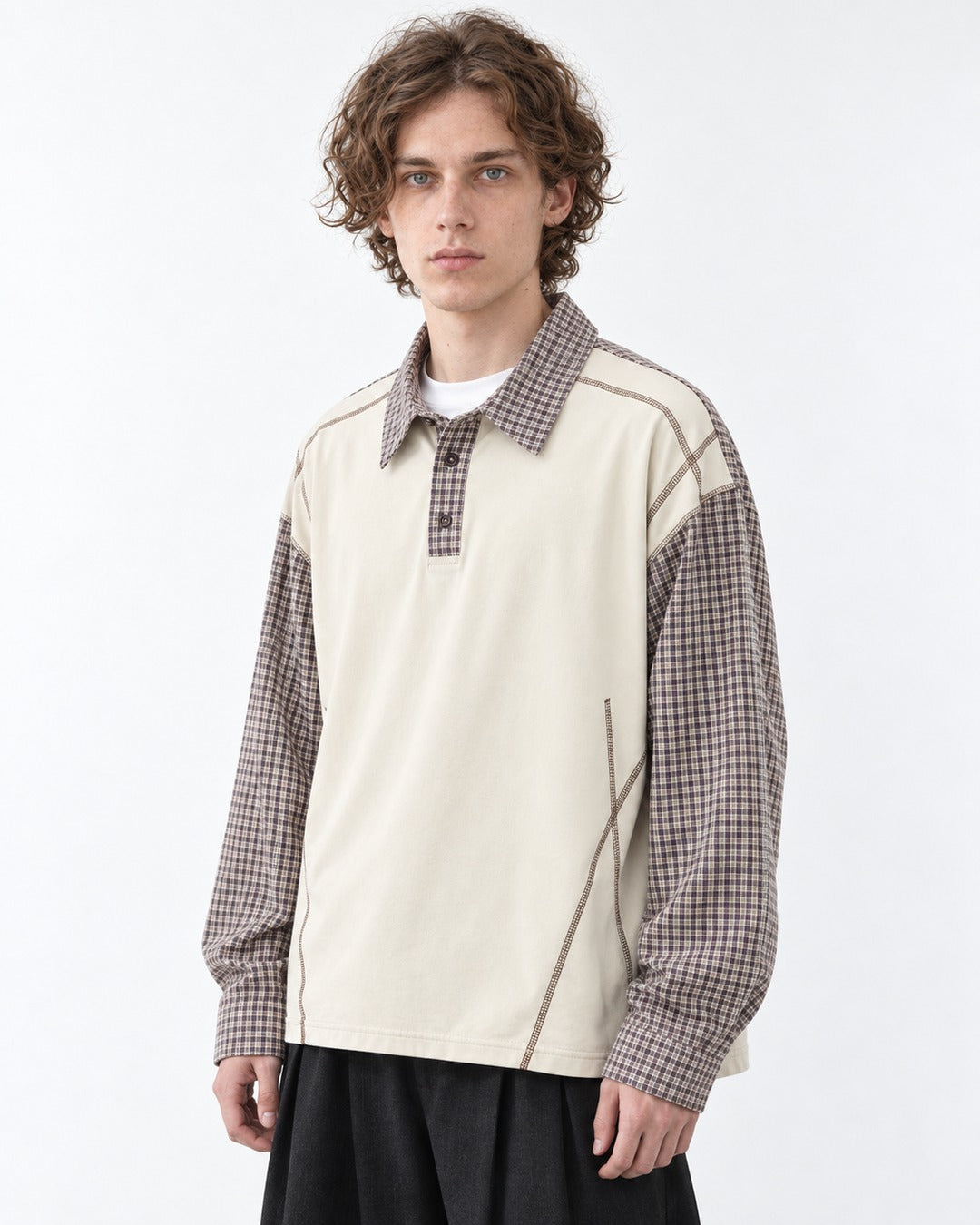 Plaid-Panel Layered-Look Polo Shirt