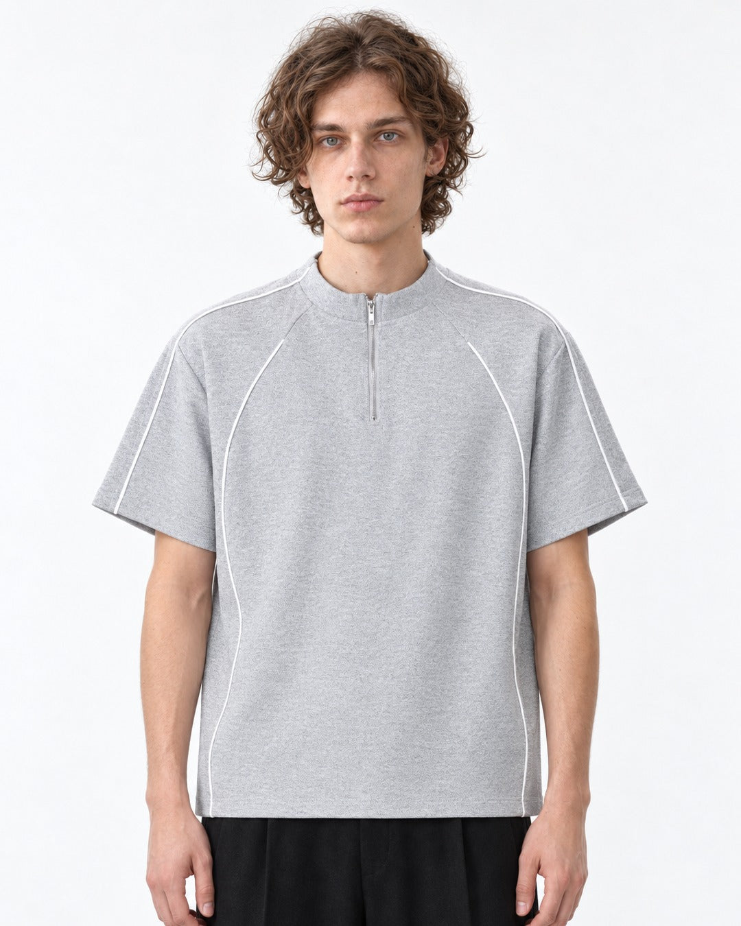 Mock-Neck Half-Zip Top with Contrast Piping