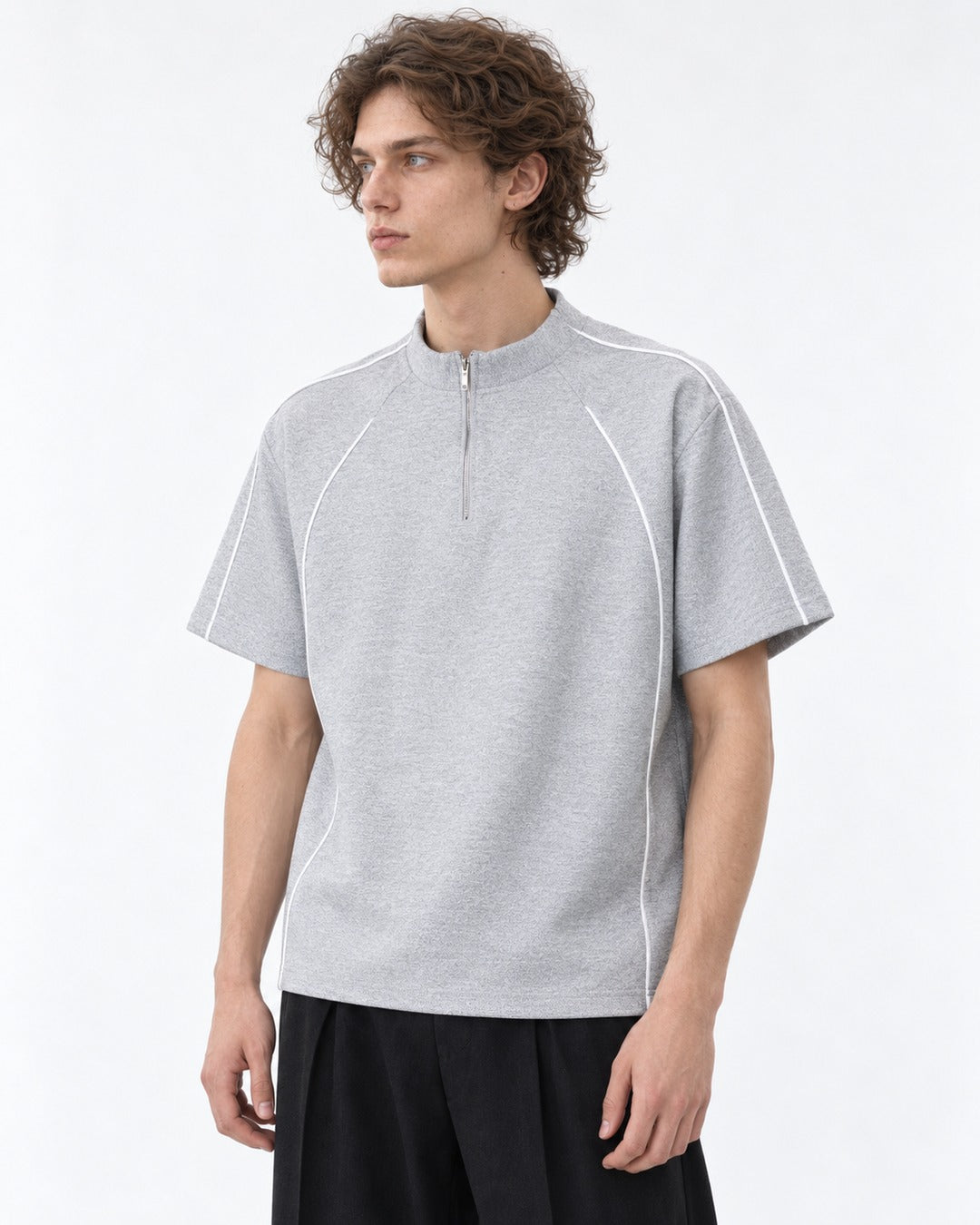 Mock-Neck Half-Zip Top with Contrast Piping