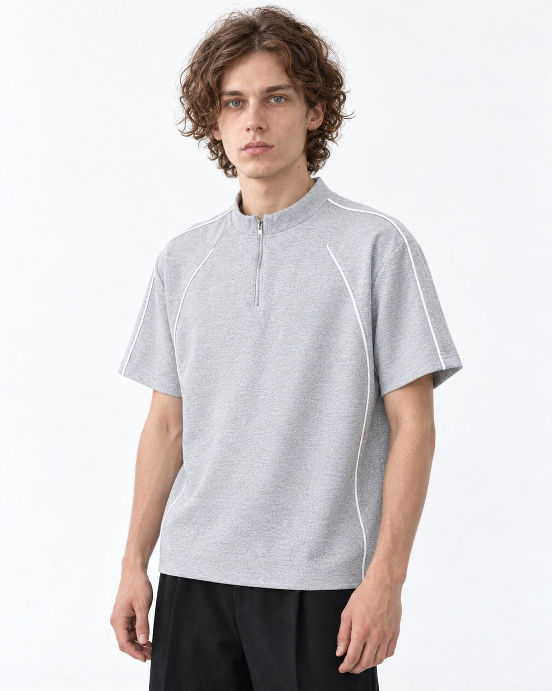 Mock-Neck Half-Zip Top with Contrast Piping