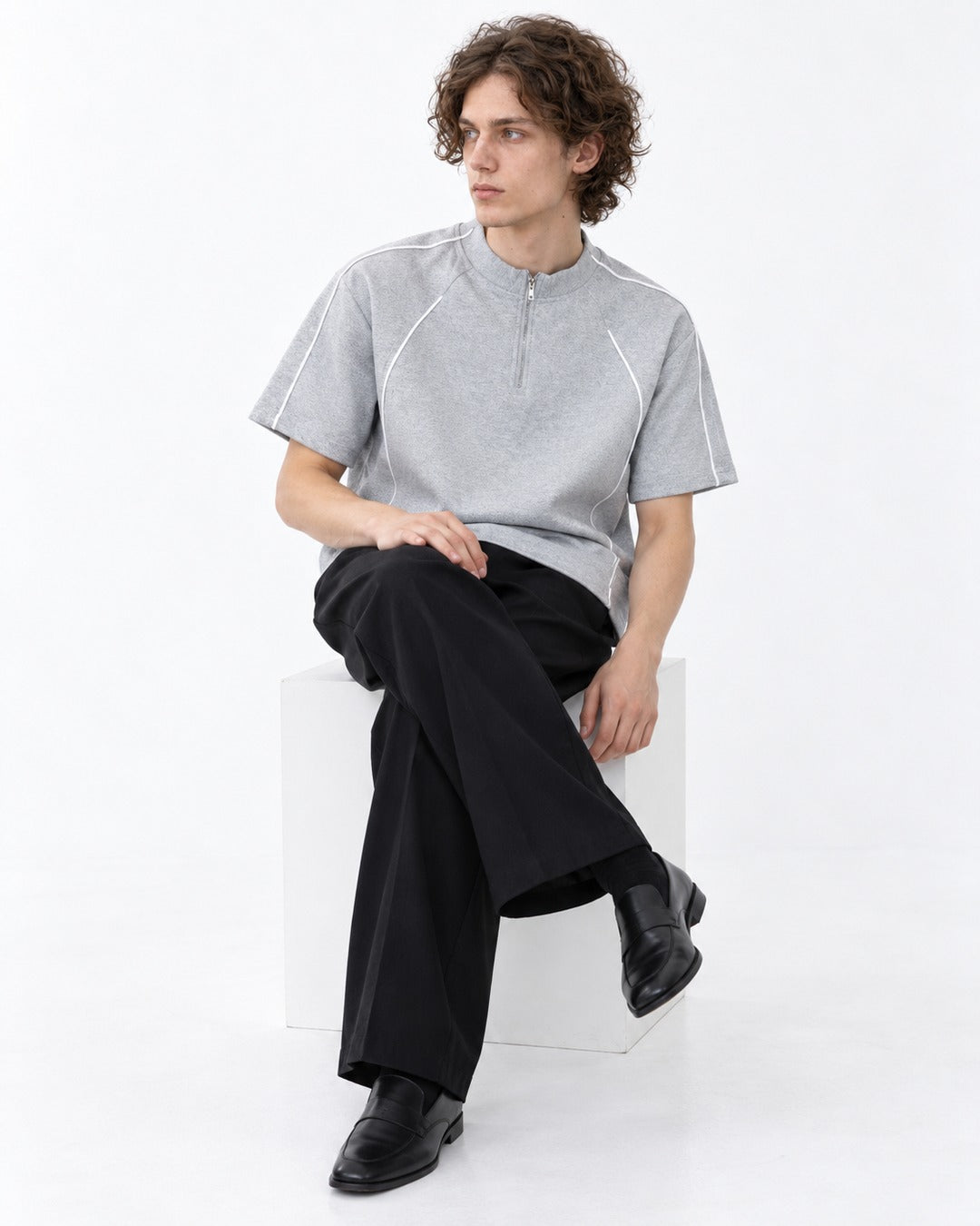 Mock-Neck Half-Zip Top with Contrast Piping