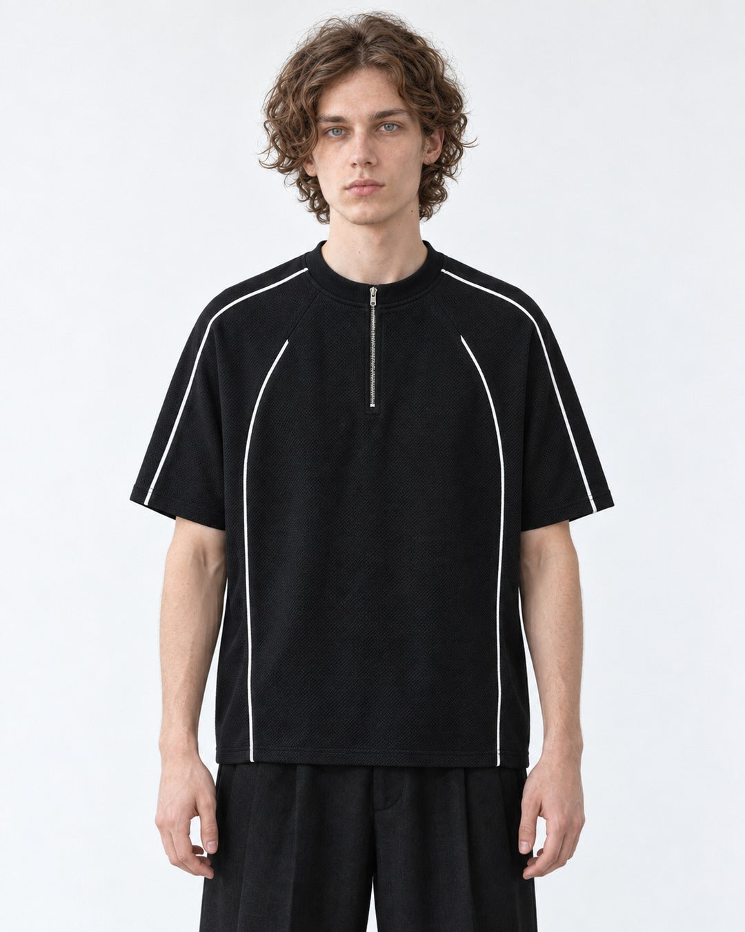 Mock-Neck Half-Zip Top with Contrast Piping