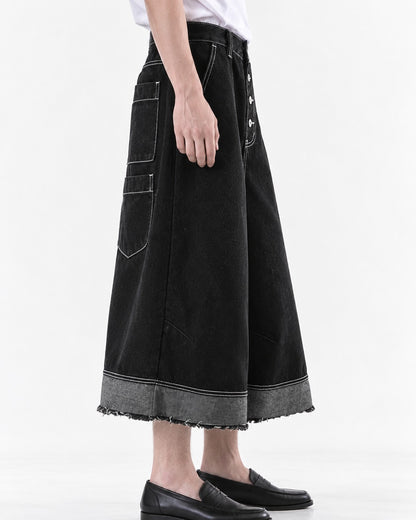 Frayed Hem Cropped Wide-Leg Trousers