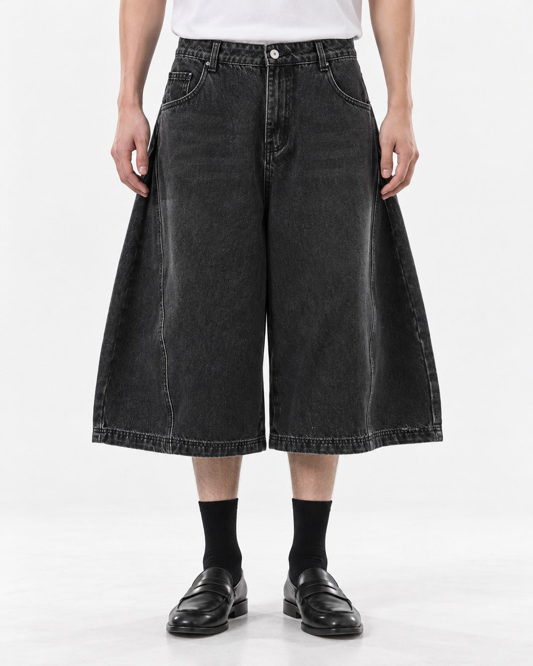 Wide-Leg Washed Denim Shorts