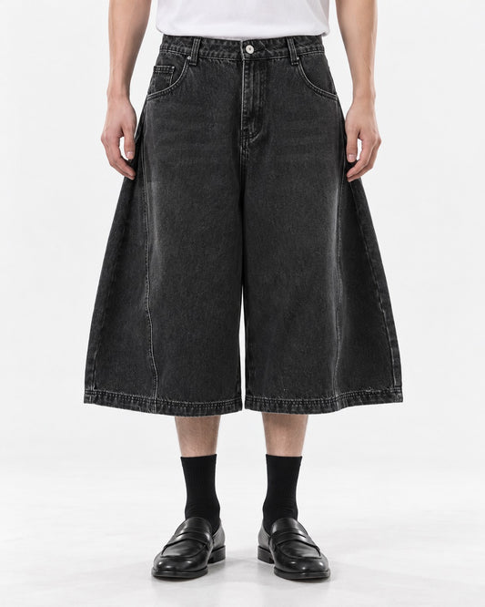 Wide-Leg Washed Denim Shorts