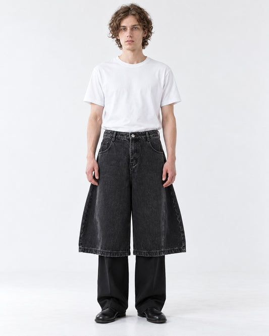 Wide-Leg Washed Denim Shorts
