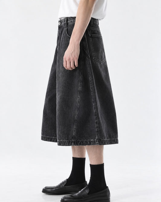 Wide-Leg Washed Denim Shorts