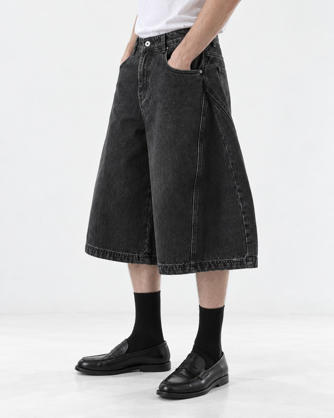 Wide-Leg Washed Denim Shorts