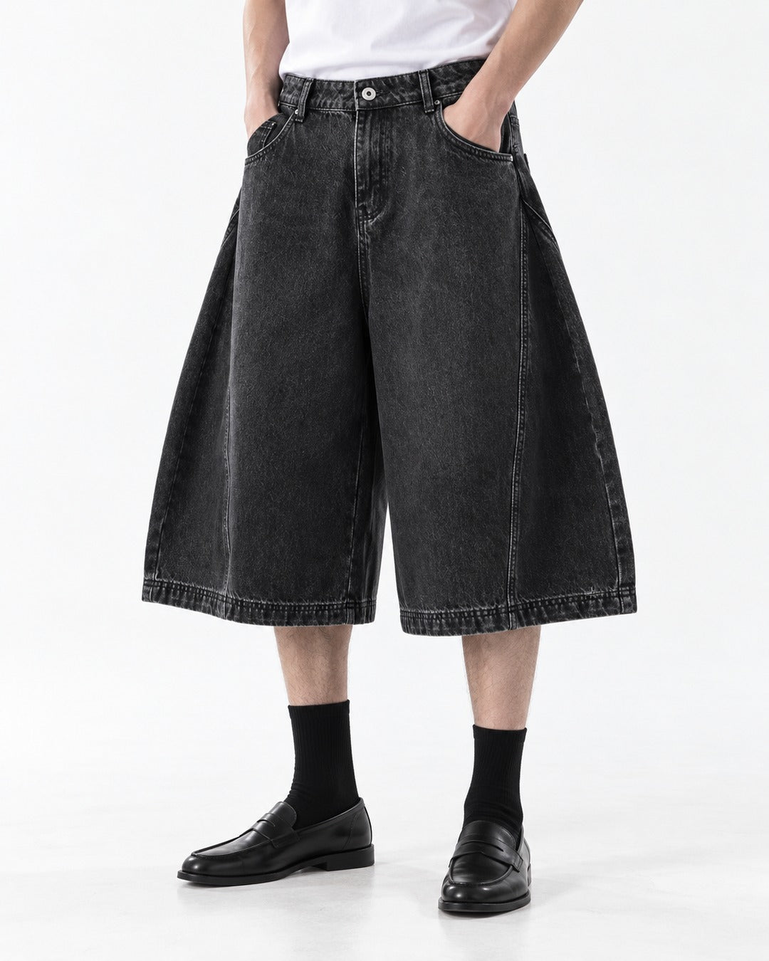 Wide-Leg Washed Denim Shorts