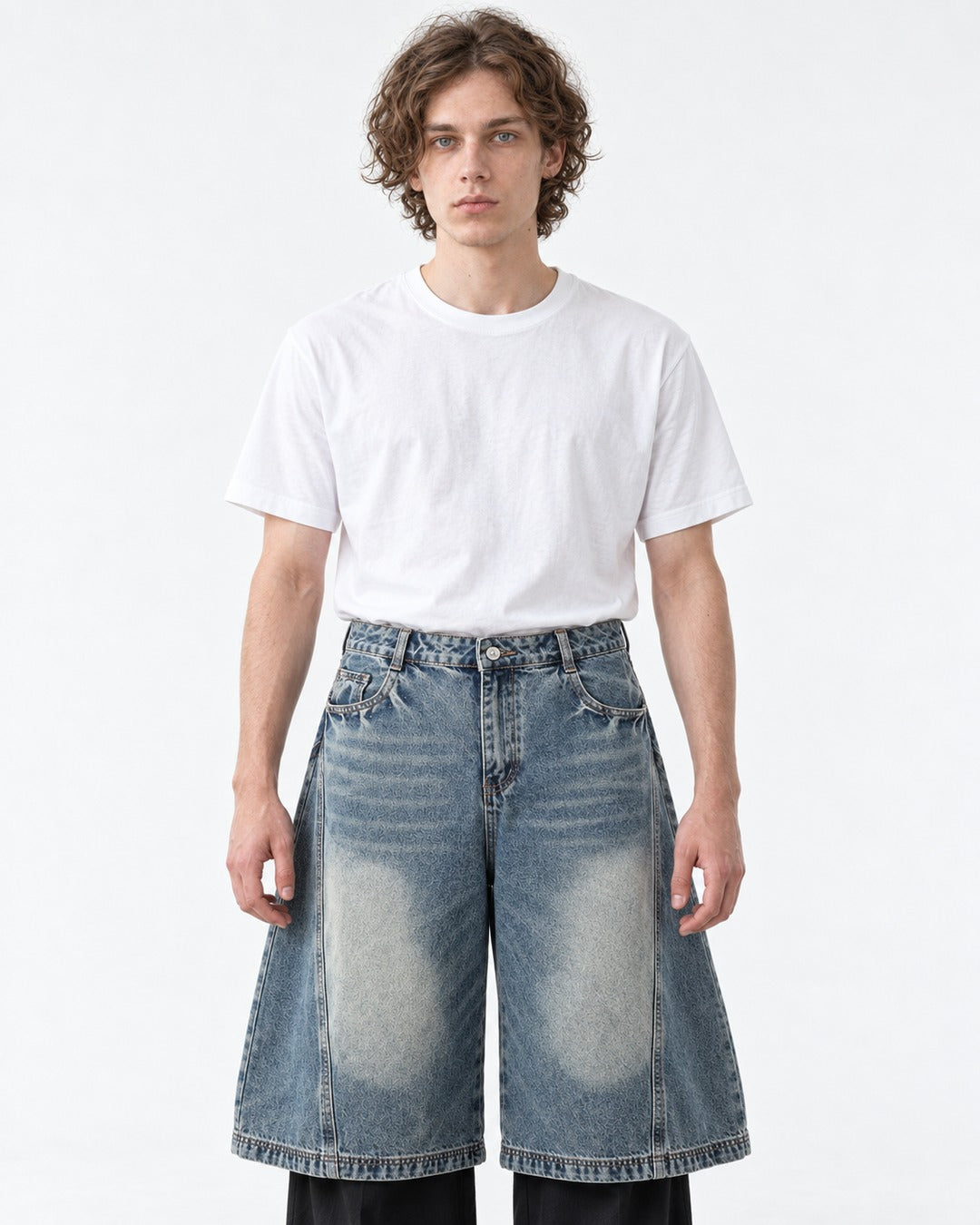 Wide-Leg Washed Denim Shorts