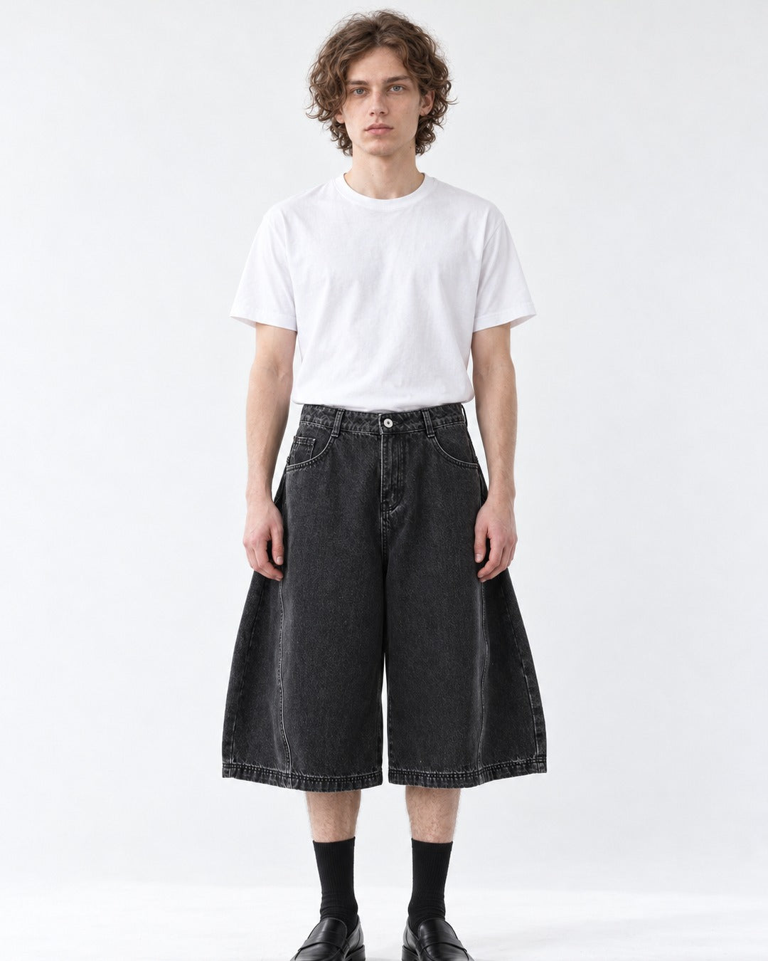 Wide-Leg Washed Denim Shorts