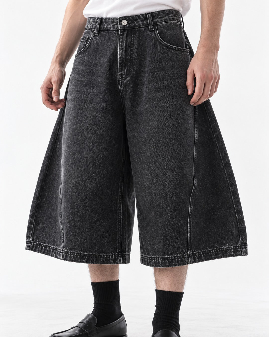 Wide-Leg Washed Denim Shorts
