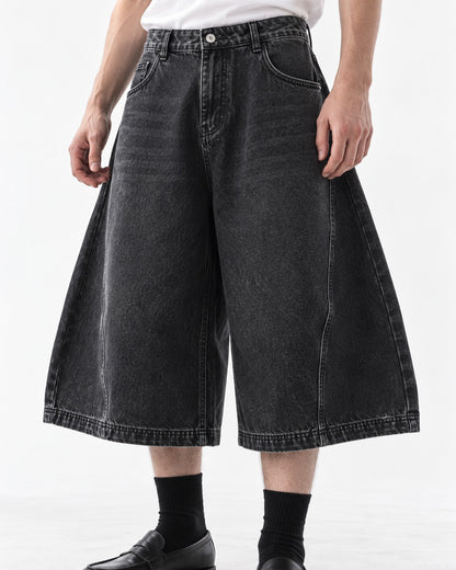 Wide-Leg Washed Denim Shorts
