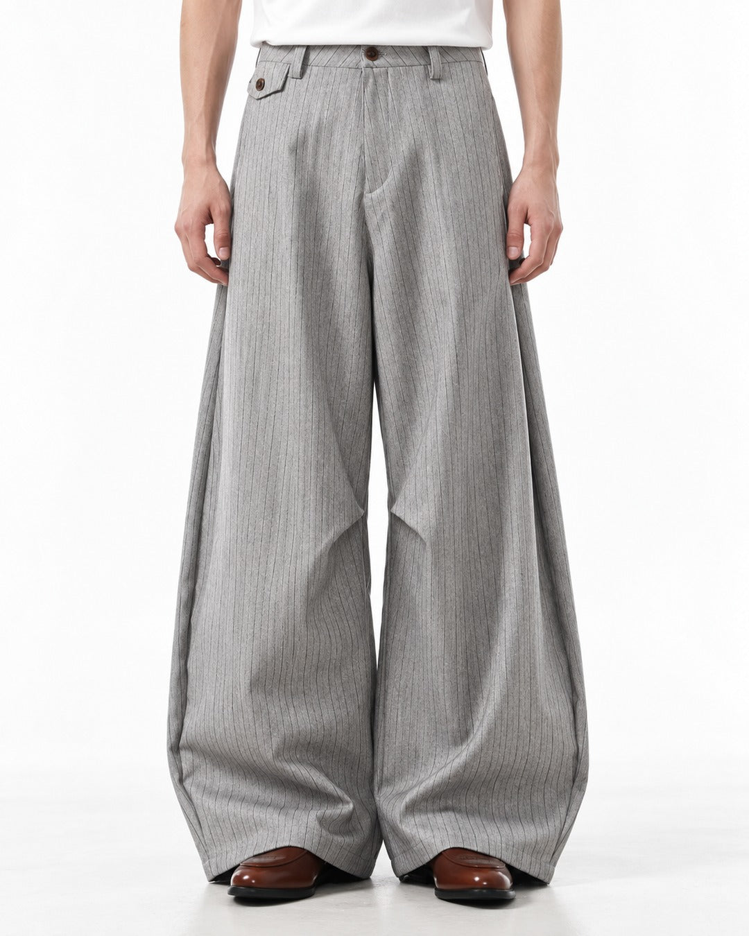 Pinstripe Flap-Pocket Wide-Leg Trousers