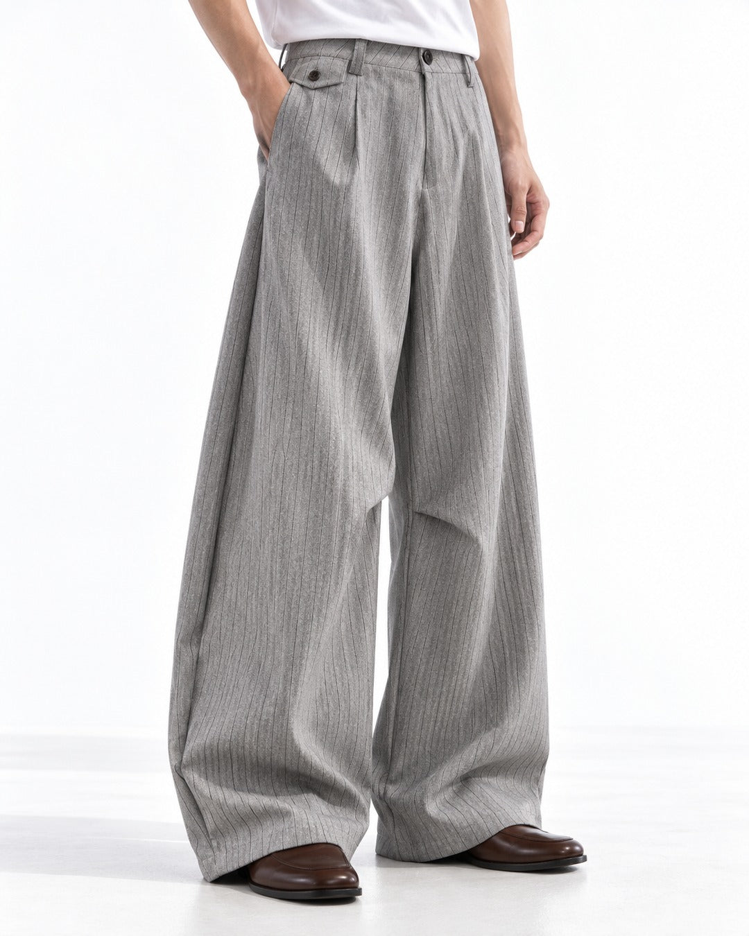 Pinstripe Flap-Pocket Wide-Leg Trousers