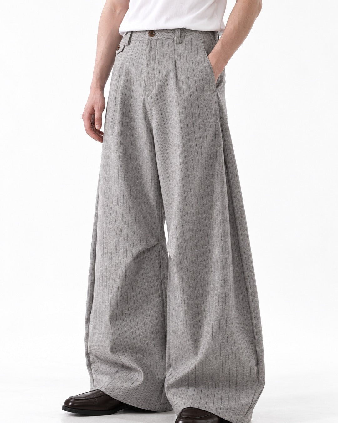 Pinstripe Flap-Pocket Wide-Leg Trousers