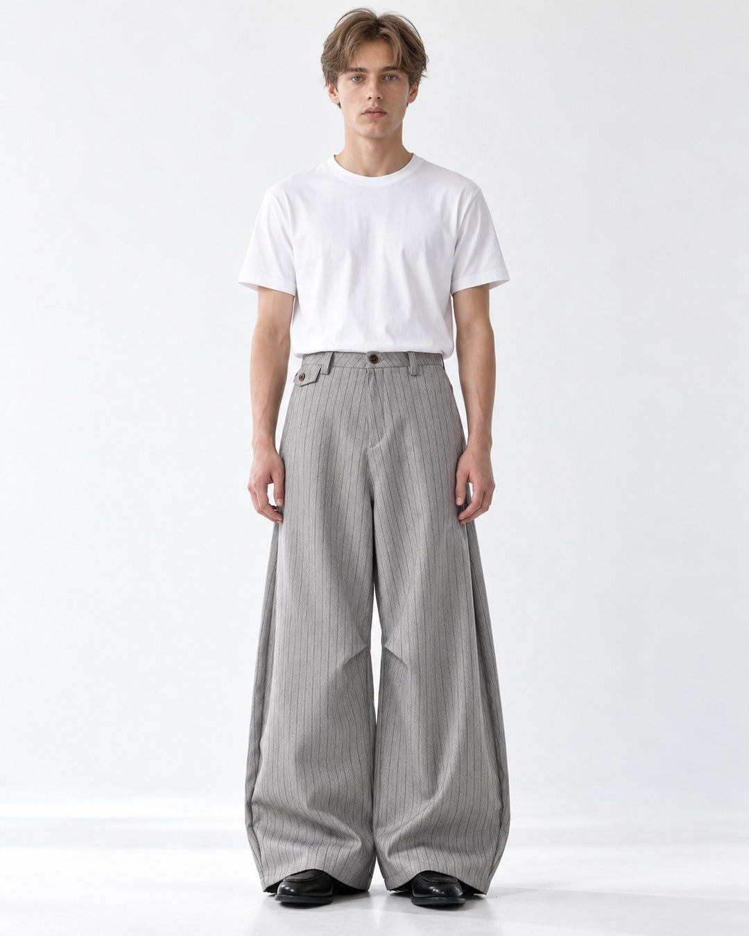 Pinstripe Flap-Pocket Wide-Leg Trousers