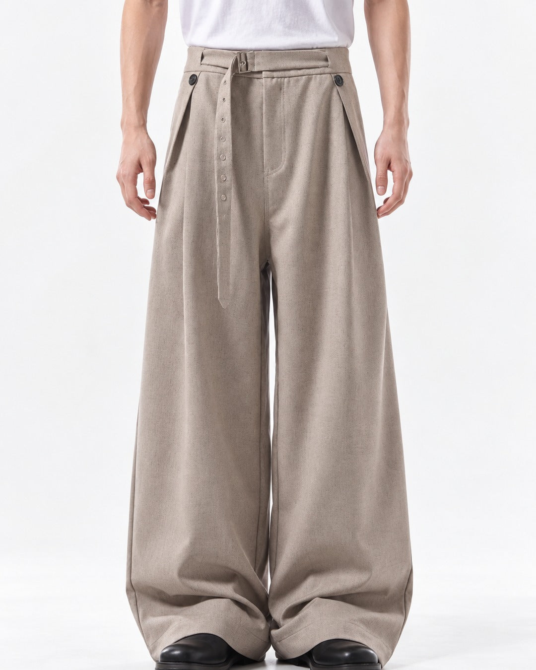 Button Strap Pleated Wide-Leg Trousers