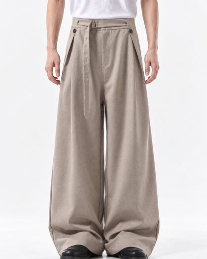 Button Strap Pleated Wide-Leg Trousers