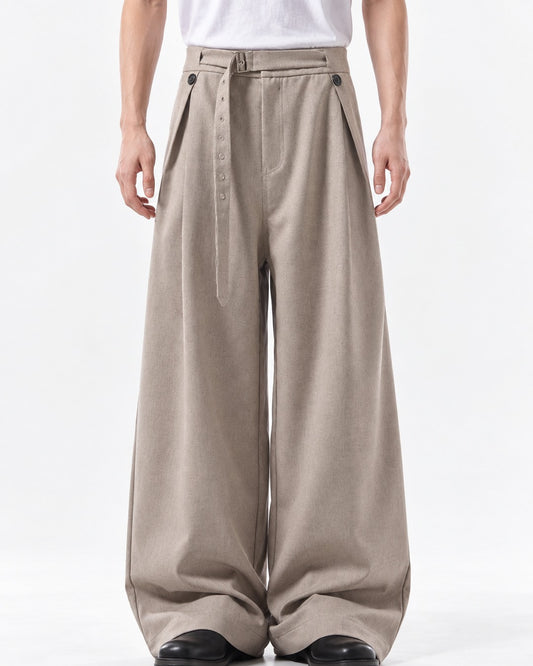 Button Strap Pleated Wide-Leg Trousers