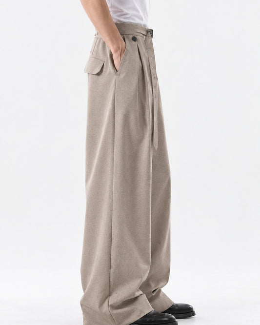 Button Strap Pleated Wide-Leg Trousers