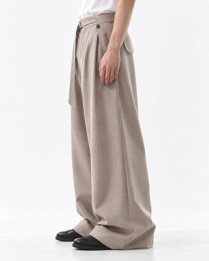 Button Strap Pleated Wide-Leg Trousers