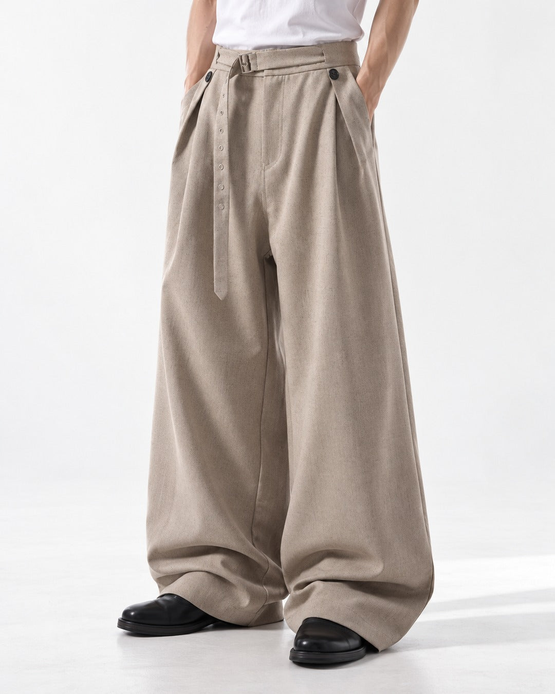 Button Strap Pleated Wide-Leg Trousers