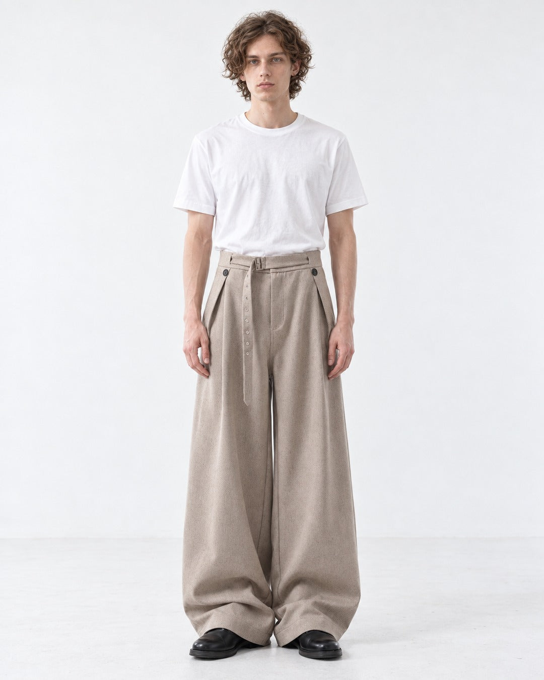 Button Strap Pleated Wide-Leg Trousers