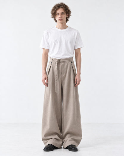 Button Strap Pleated Wide-Leg Trousers